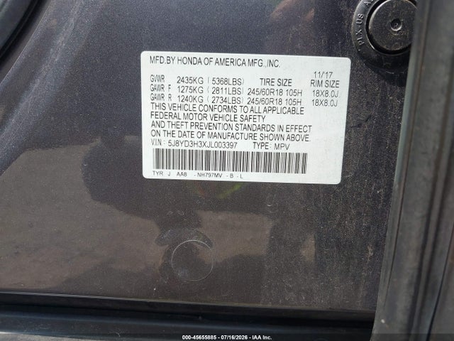 45655885 :رقم المزاد ، 5J8YD3H3XJL003397 vin ، 2018 Acura Mdx مزاد بيع