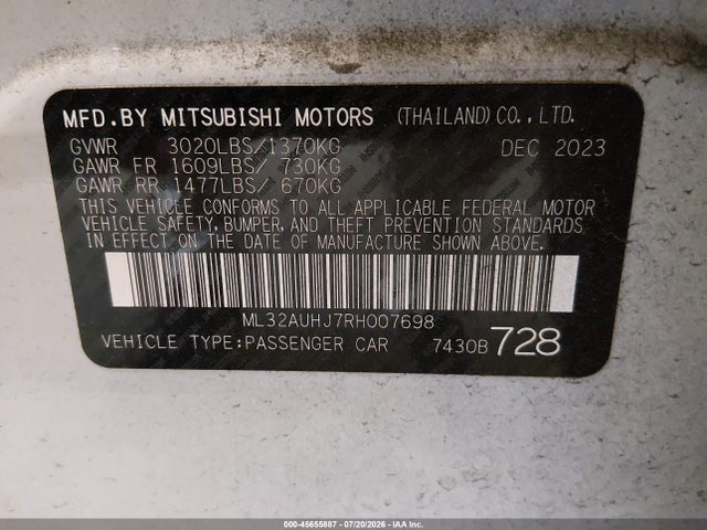 45655887 :رقم المزاد ، ML32AUHJ7RH007698 vin ، 2024 Mitsubishi Mirage Es مزاد بيع