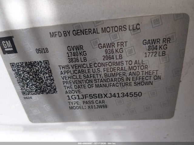Продаж на аукціоні авто 2018 Chevrolet Sonic Premier Auto, vin: 1G1JF5SBXJ4134550, номер лоту: 45655897