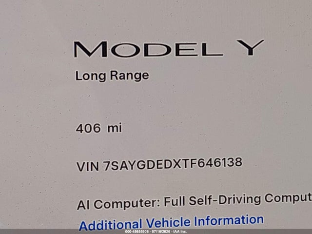 Продаж на аукціоні авто 2026 Tesla Model Y Premium Rear-wheel Drive/rear-wheel Drive, vin: 7SAYGDEDXTF646138, номер лоту: 45655906