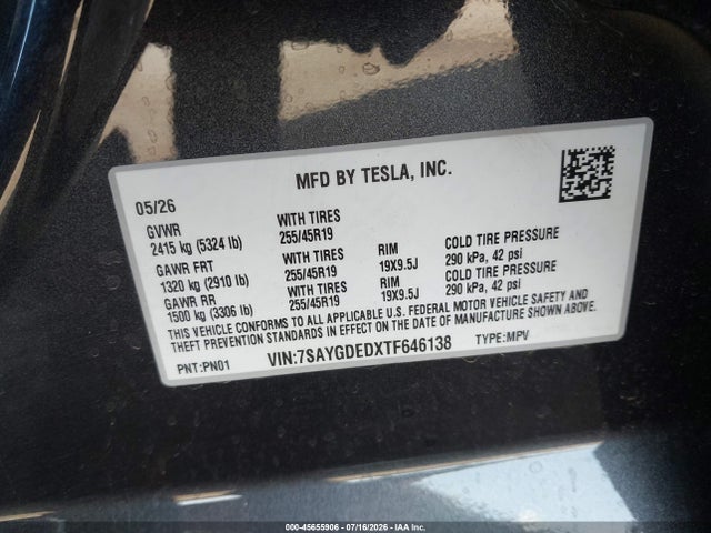 Продаж на аукціоні авто 2026 Tesla Model Y Premium Rear-wheel Drive/rear-wheel Drive, vin: 7SAYGDEDXTF646138, номер лоту: 45655906