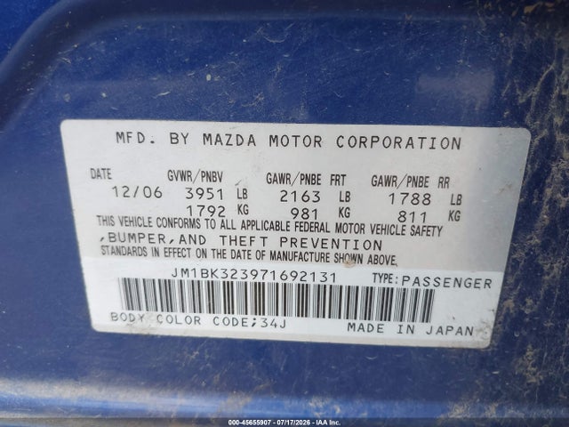 Продажа на аукционе авто 2007 Mazda Mazda3 S Sport, vin: JM1BK323971692131, номер лота: 45655907