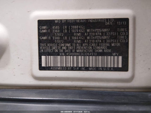 Aukcja sprzedaży 2014 Subaru Outback 2.5i, vin: 4S4BRBAC2E3264910, numer aukcji: 45655909