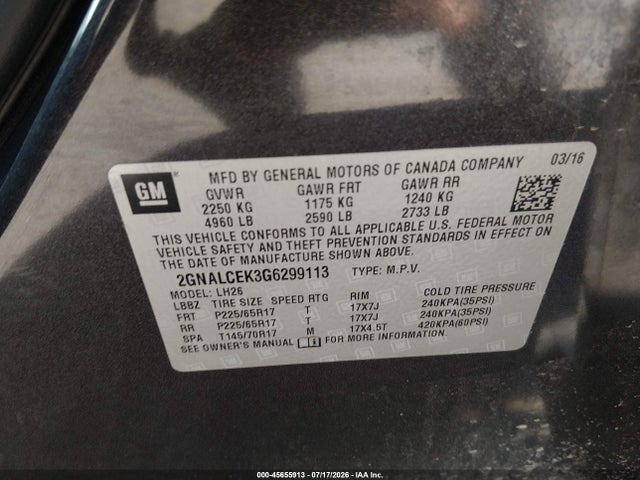 45655913 :رقم المزاد ، 2GNALCEK3G6299113 vin ، 2016 Chevrolet Equinox Lt مزاد بيع