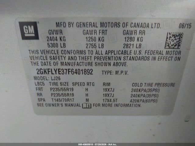 2015 Gmc Terrain Slt-2 მანქანა იყიდება აუქციონზე, vin: 2GKFLYE37F6401892, აუქციონის ნომერი: 45655918