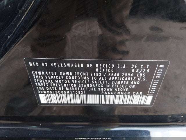 2025 Volkswagen Jetta 1.5t Sport მანქანა იყიდება აუქციონზე, vin: 3VWBX7BU6SM110934, აუქციონის ნომერი: 45655919