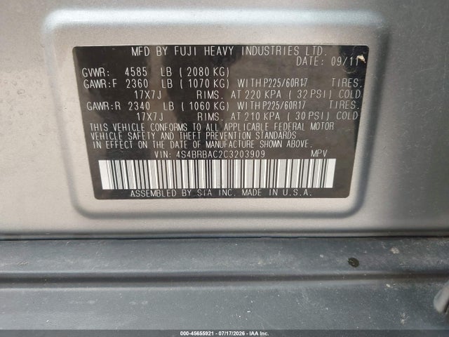Продаж на аукціоні авто 2012 Subaru Outback 2.5i, vin: 4S4BRBAC2C3203909, номер лоту: 45655921