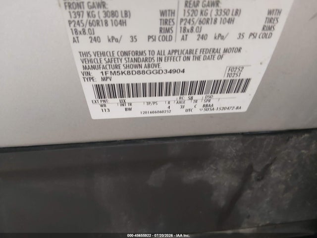 Auction sale of the 2016 Ford Explorer Xlt, vin: 1FM5K8D88GGD34904, lot number: 45655922