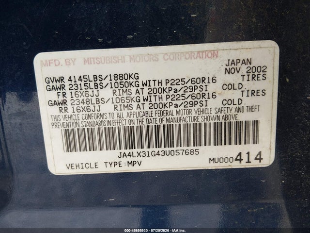 Aukcja sprzedaży 2003 Mitsubishi Outlander Ls, vin: JA4LX31G43U057685, numer aukcji: 45655930