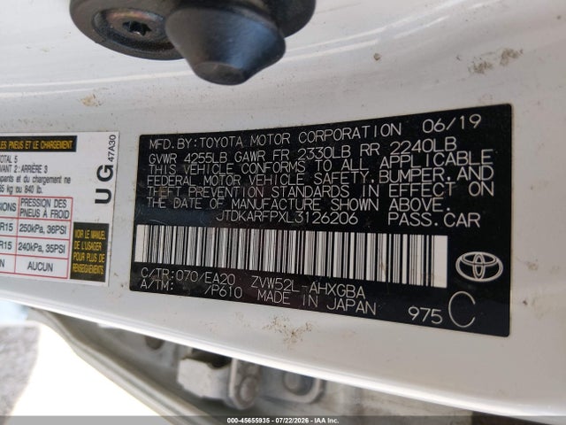 Продаж на аукціоні авто 2020 Toyota Prius Prime Xle, vin: JTDKARFPXL3126206, номер лоту: 45655935