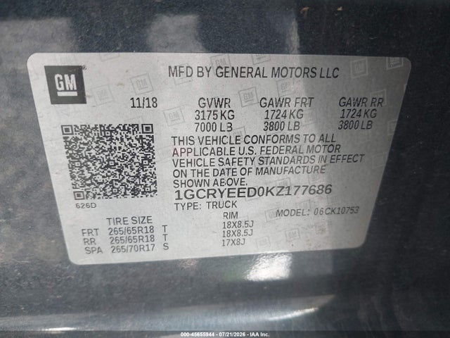45655944 :رقم المزاد ، 1GCRYEED0KZ177686 vin ، 2019 Chevrolet Silverado 1500 Rst مزاد بيع