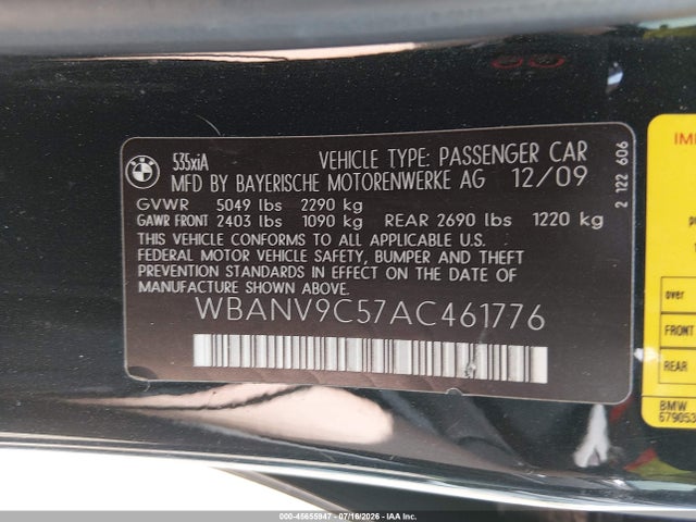 2010 Bmw 535i Xdrive მანქანა იყიდება აუქციონზე, vin: WBANV9C57AC461776, აუქციონის ნომერი: 45655947