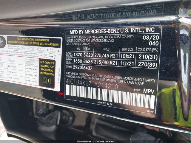 Aukcja sprzedaży 2020 Mercedes-benz Gle 350 4matic, vin: 4JGFB4KE7LA214210, numer aukcji: 45655949