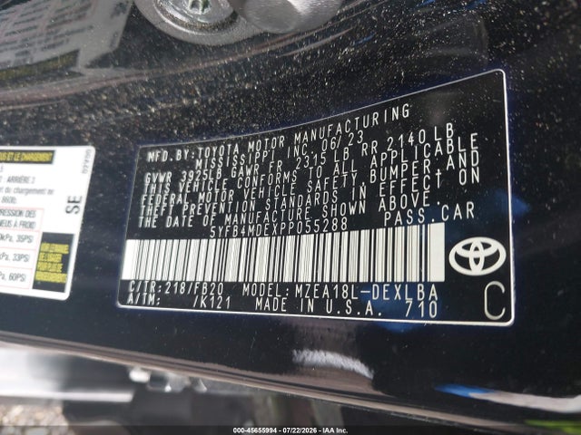 45655994 :رقم المزاد ، 5YFB4MDEXPP055288 vin ، 2023 Toyota Corolla Le مزاد بيع