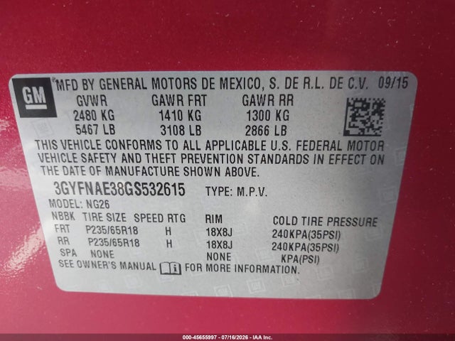 2016 Cadillac Srx Standard მანქანა იყიდება აუქციონზე, vin: 3GYFNAE38GS532615, აუქციონის ნომერი: 45655997