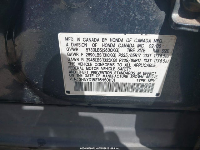 45656001 :رقم المزاد ، 2HNYD18276H501131 vin ، 2006 Acura Mdx مزاد بيع