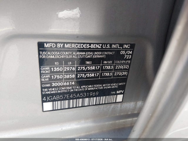 Aukcja sprzedaży 2005 Mercedes-benz Ml 350 4matic, vin: 4JGAB57E45A531969, numer aukcji: 45656013