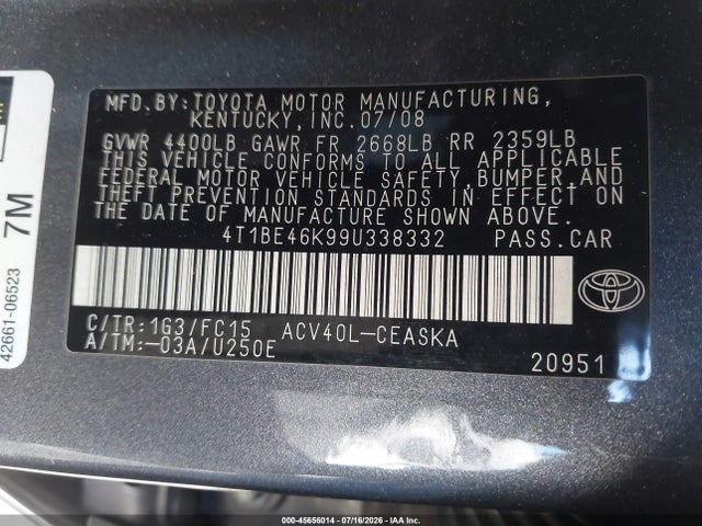 Auction sale of the 2009 Toyota Camry Se, vin: 4T1BE46K99U338332, lot number: 45656014