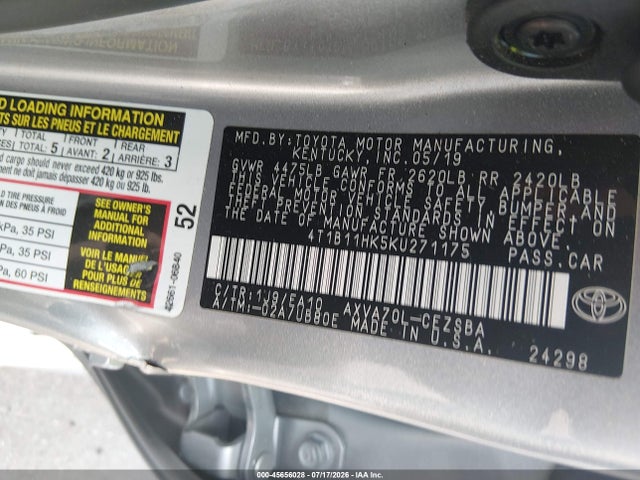 Продажа на аукционе авто 2019 Toyota Camry Se, vin: 4T1B11HK5KU271175, номер лота: 45656028