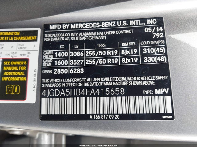2014 Mercedes-benz Ml 350 4matic მანქანა იყიდება აუქციონზე, vin: 4JGDA5HB4EA415658, აუქციონის ნომერი: 45656037