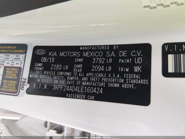 Aukcja sprzedaży 2020 Kia Forte Fe, vin: 3KPF24AD4LE160424, numer aukcji: 45656038