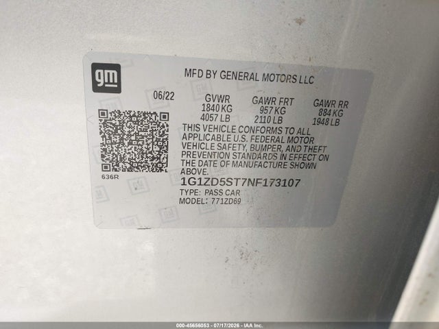 Продаж на аукціоні авто 2022 Chevrolet Malibu Fwd Lt, vin: 1G1ZD5ST7NF173107, номер лоту: 45656053