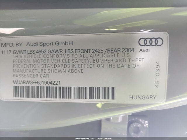 Aukcja sprzedaży 2018 Audi Rs 3 2.5t, vin: WUABWGFF6J1904221, numer aukcji: 45656059