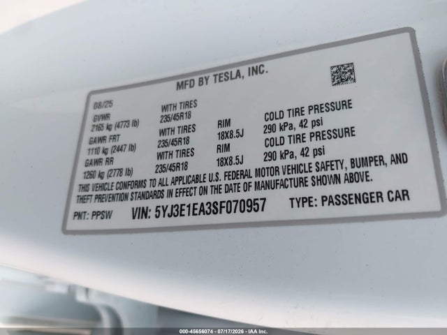 Продаж на аукціоні авто 2025 Tesla Model 3 Long Range Rear-wheel Drive/standard Rear-wheel Drive, vin: 5YJ3E1EA3SF070957, номер лоту: 45656074