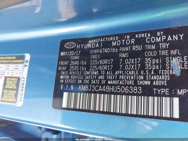 Aukcja sprzedaży 2017 Hyundai Tucson Se, vin: KM8J3CA48HU506383, numer aukcji: 45656098