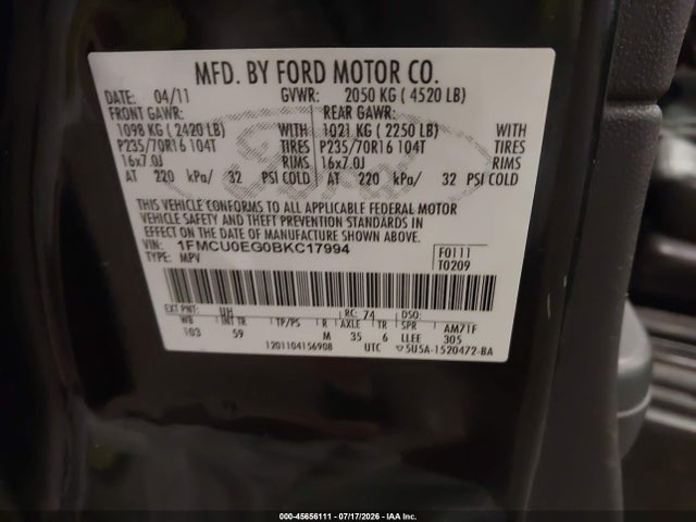 Auction sale of the 2011 Ford Escape Limited, vin: 1FMCU0EG0BKC17994, lot number: 45656111