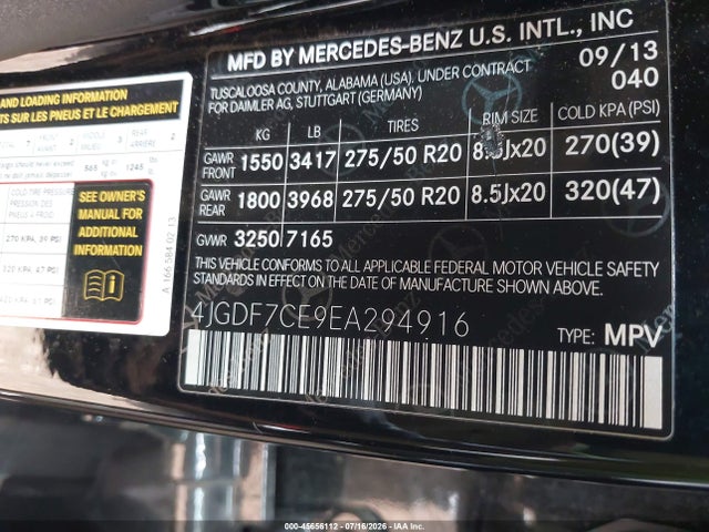 45656112 :رقم المزاد ، 4JGDF7CE9EA294916 vin ، 2014 Mercedes-benz Gl 450 4matic مزاد بيع