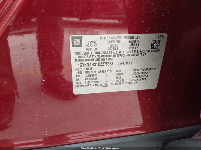 2017 Cadillac Xt5 Standard მანქანა იყიდება აუქციონზე, vin: 1GYKNARS1HZ276533, აუქციონის ნომერი: 45656128