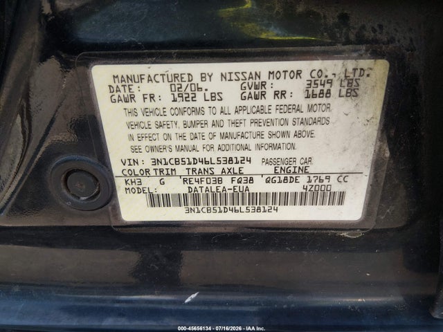 Продаж на аукціоні авто 2006 Nissan Sentra 1.8s, vin: 3N1CB51D46L538124, номер лоту: 45656134