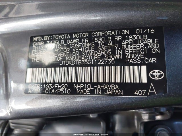 Toyota Prius C One 2016 JTDKDTB35G1122735 Image 9