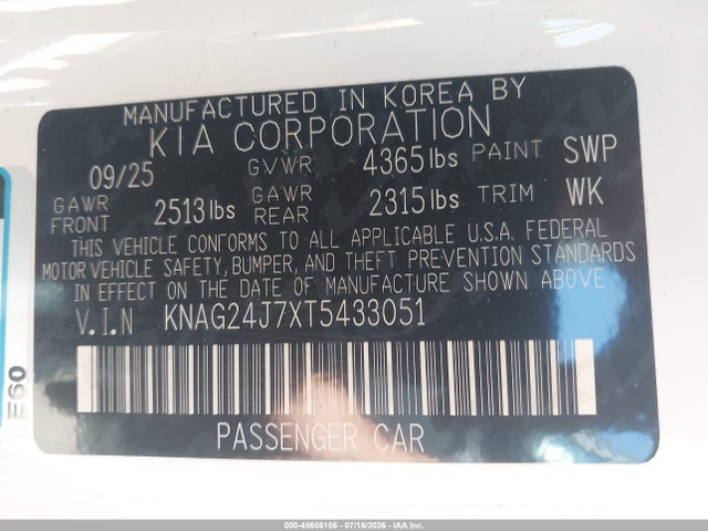 KNAG24J7XT5433051 KIA K5 Lxs Fwd