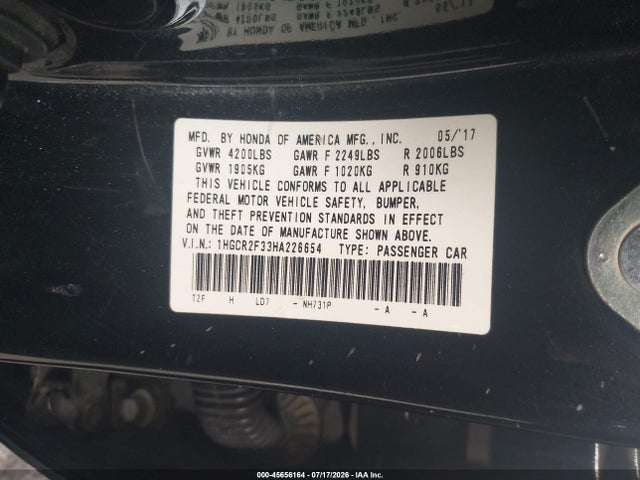 Honda ACCORD LX 2017 1HGCR2F33HA226654 Image 9