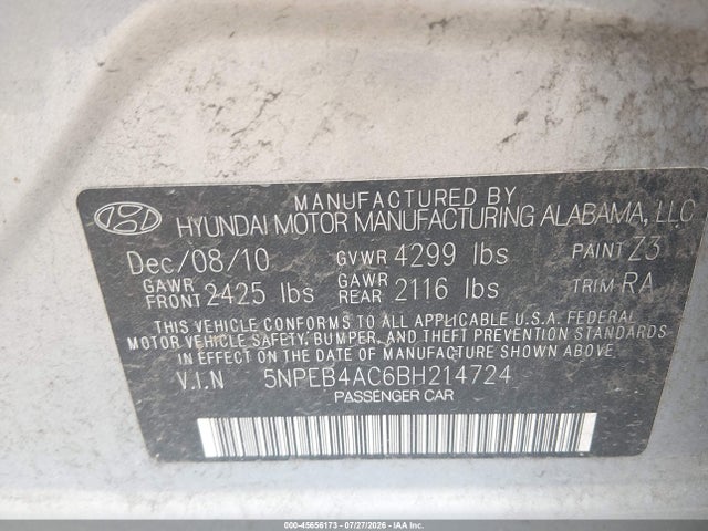 45656173 :رقم المزاد ، 5NPEB4AC6BH214724 vin ، 2011 Hyundai Sonata Gls مزاد بيع