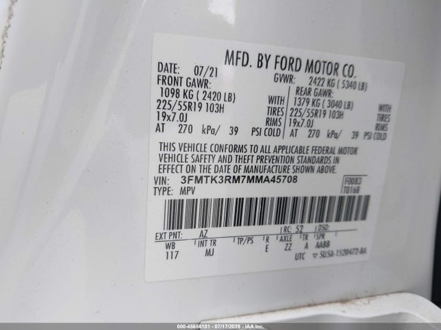 Aukcja sprzedaży 2021 Ford Mustang Mach-e Premium, vin: 3FMTK3RM7MMA45708, numer aukcji: 45656181