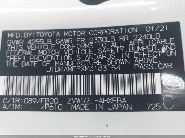 JTDKAMFPXM3183154 Toyota Prius Prime Le