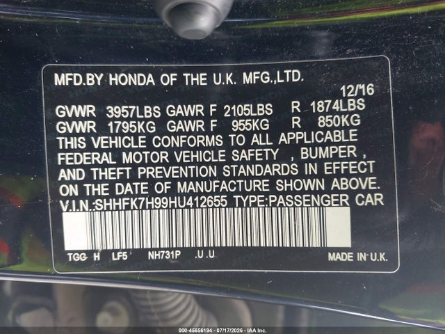 SHHFK7H99HU412655 Honda Civic Sport Touring