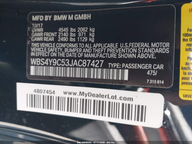 Aukcja sprzedaży 2018 Bmw M4, vin: WBS4Y9C53JAC87427, numer aukcji: 45656202