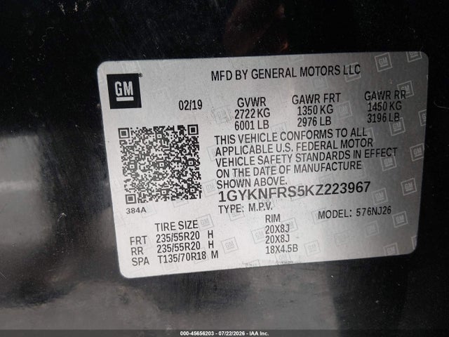 2019 Cadillac Xt5 Premium Luxury მანქანა იყიდება აუქციონზე, vin: 1GYKNFRS5KZ223967, აუქციონის ნომერი: 45656203
