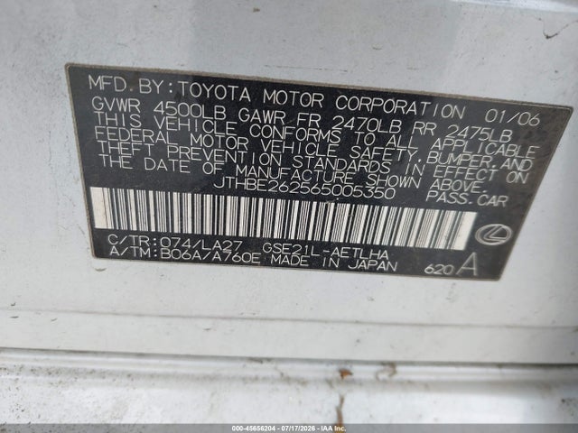 45656204 :رقم المزاد ، JTHBE262565005350 vin ، 2006 Lexus Is 350 مزاد بيع