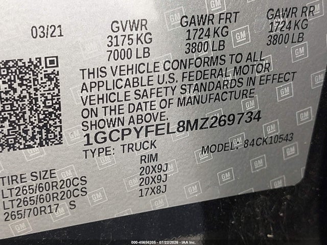 1GCPYFEL8MZ269734 Chevrolet Silverado 1500 4wd Short Bed Lt Trail Boss