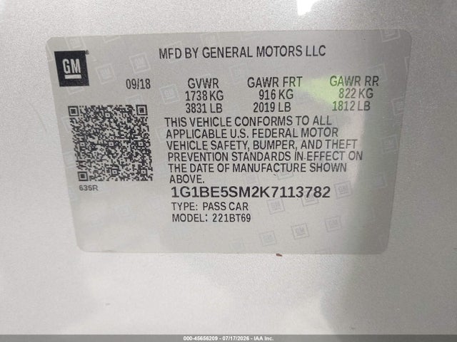 45656209 :رقم المزاد ، 1G1BE5SM2K7113782 vin ، 2019 Chevrolet Cruze Lt مزاد بيع