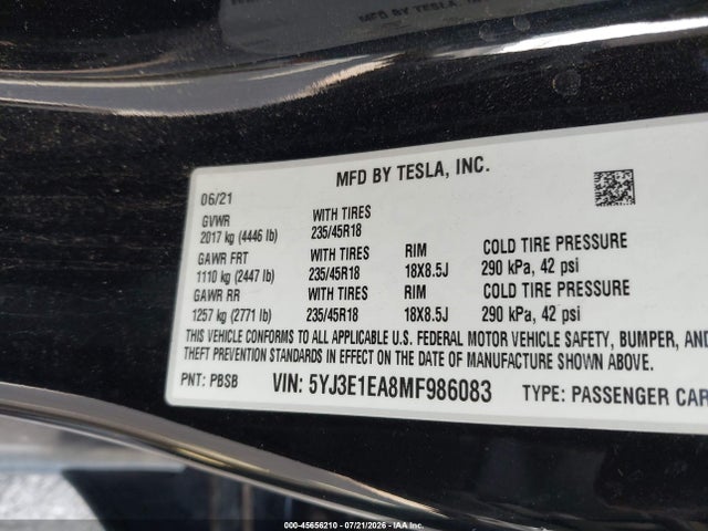 Tesla Model 3 Standard Range Plus Rear-wheel Drive 2021 5YJ3E1EA8MF986083 Image 9
