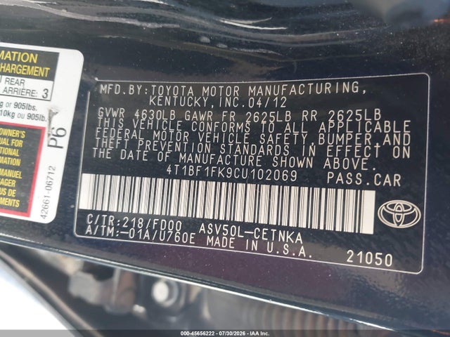 45656222 :رقم المزاد ، 4T1BF1FK9CU102069 vin ، 2012 Toyota Camry Le مزاد بيع