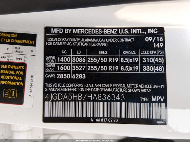 45656238 :رقم المزاد ، 4JGDA5HB7HA836343 vin ، 2017 Mercedes-benz Gle 350 4matic مزاد بيع