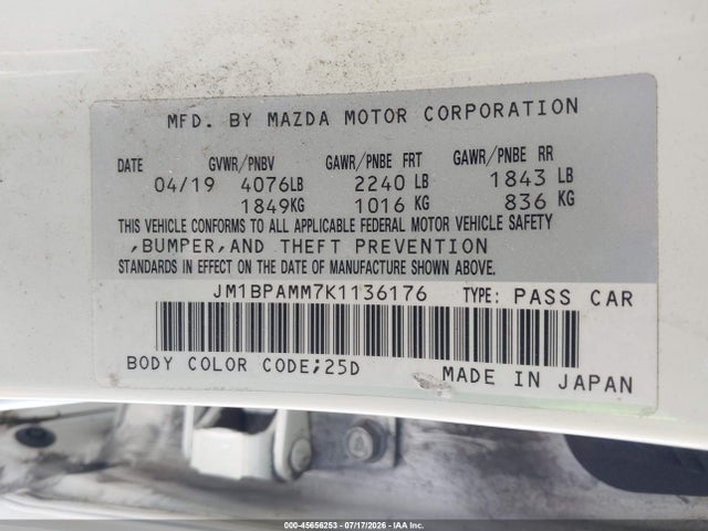 2019 Mazda Mazda3 Preferred Package მანქანა იყიდება აუქციონზე, vin: JM1BPAMM7K1136176, აუქციონის ნომერი: 45656253