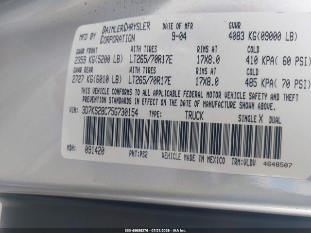 Aukcja sprzedaży 2005 Dodge Ram 2500 Slt/laramie, vin: 3D7KS28C75G730154, numer aukcji: 45656276